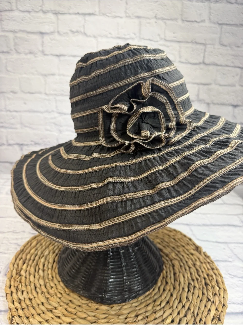 Milani Black Wide-Brim Sun Hat with Tan Stripes and Flower Accent